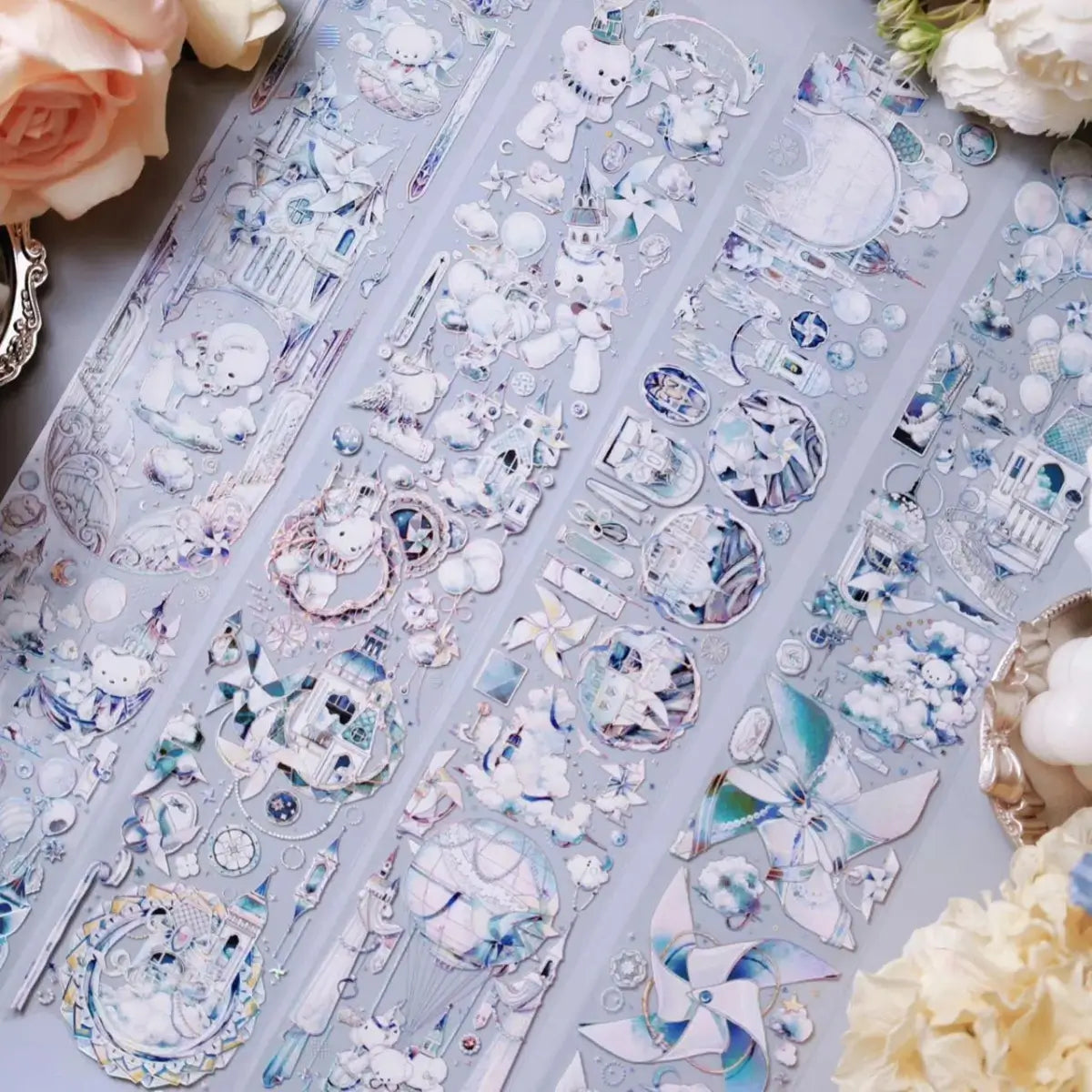 Bear’s Journey PET Tape full sheet with holographic pastel bear and castle design by Shine Studio - Miouva