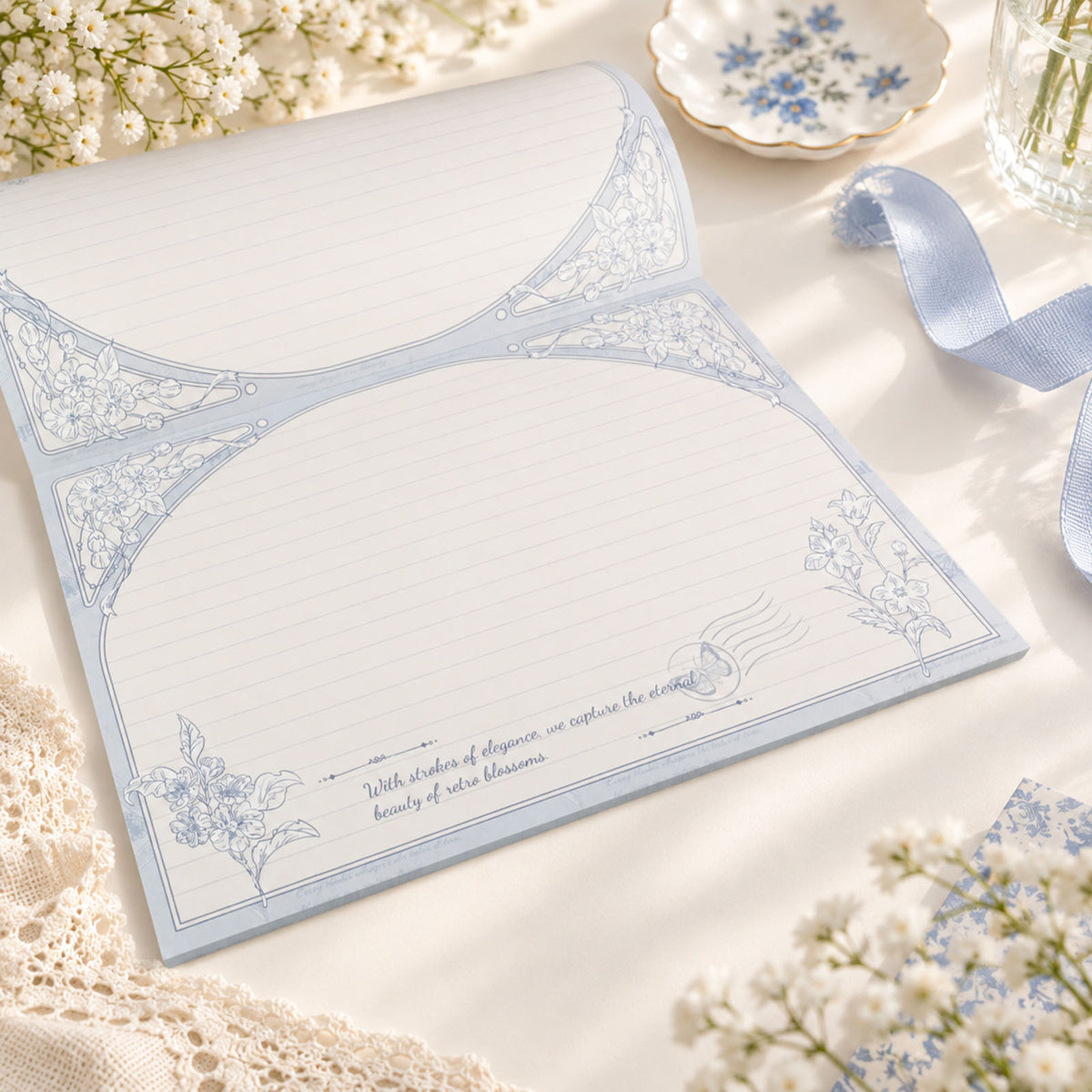 Bellflower B5 notepad with soft blue botanical frame and lined writing page