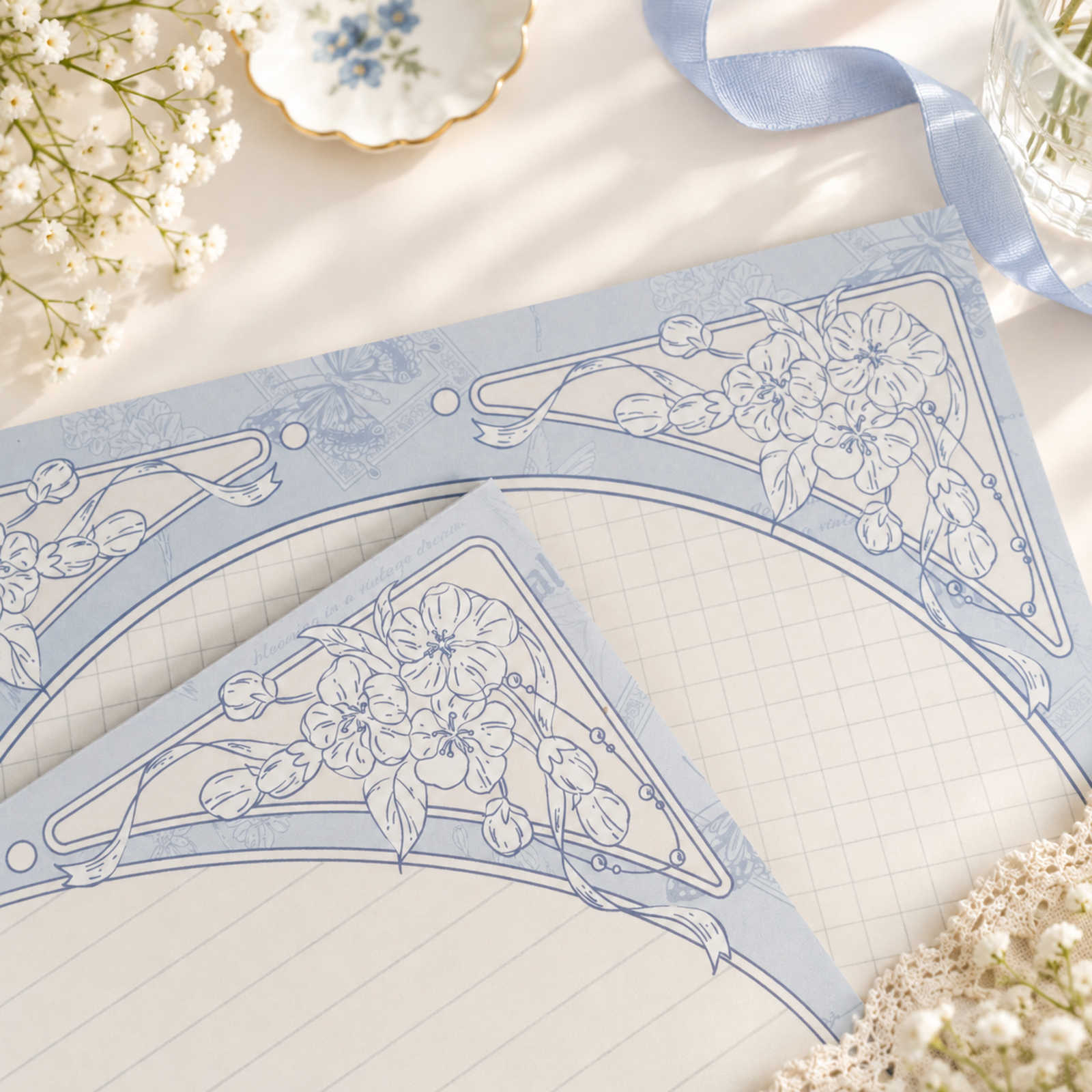 Bellflower B5 notepad close-up with delicate blue floral border details