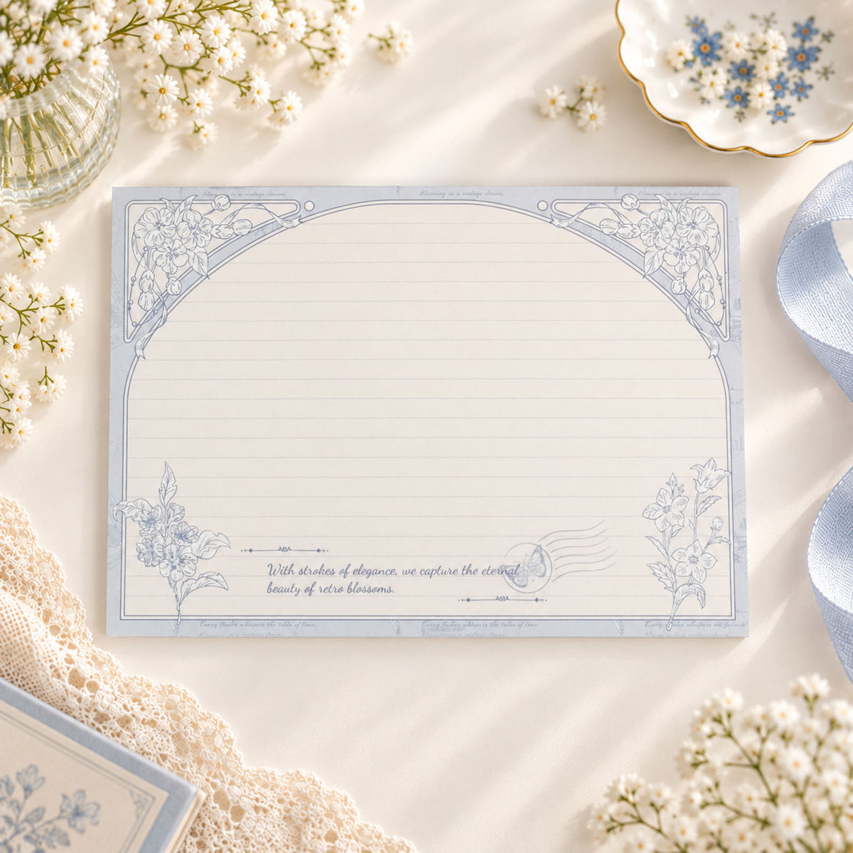 Bellflower B5 horizontal lined notepad with hand-drawn blue floral border