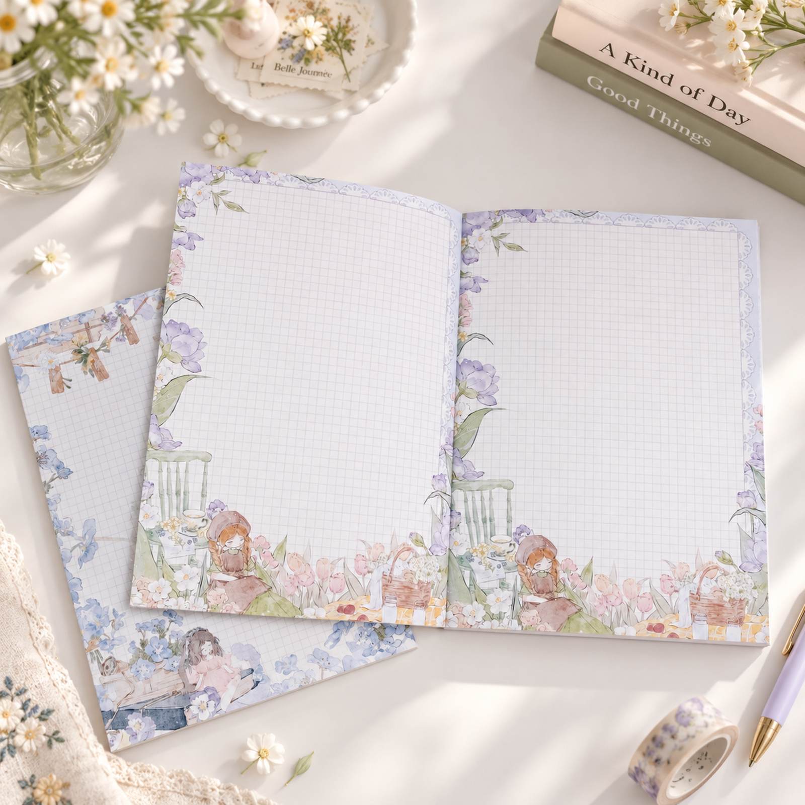 Blooming Days A5 grid notepads with hand-drawn floral watercolour designs