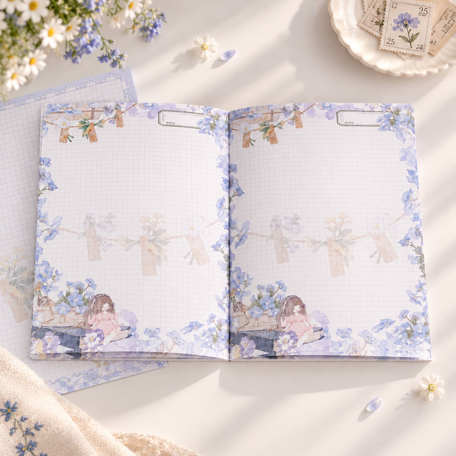 Blooming Days A5 floral grid notepads shown side by side with two watercolour designs