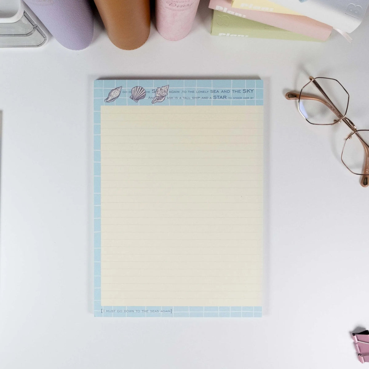 Summer Beach B5 notepad with blue border and lined writing layout