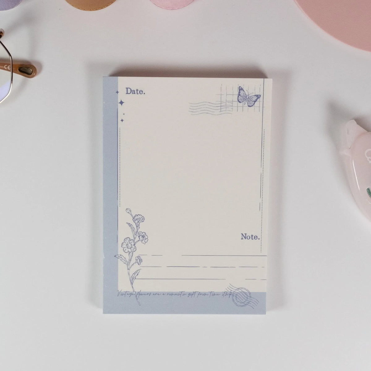 Petal Postmark variant of Butterfly and Flower A6 notepad with vintage butterfly stamp design - Miouva