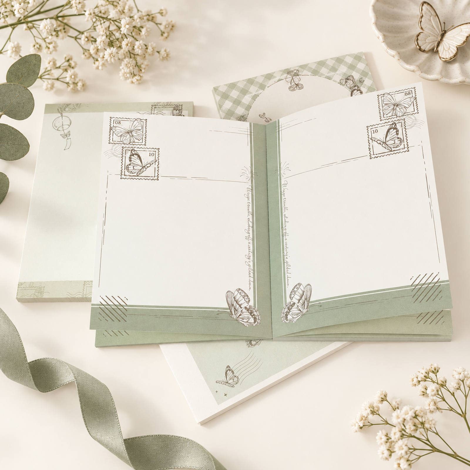 Butterfly Dreams A6 butterfly notepad in soft green vintage design