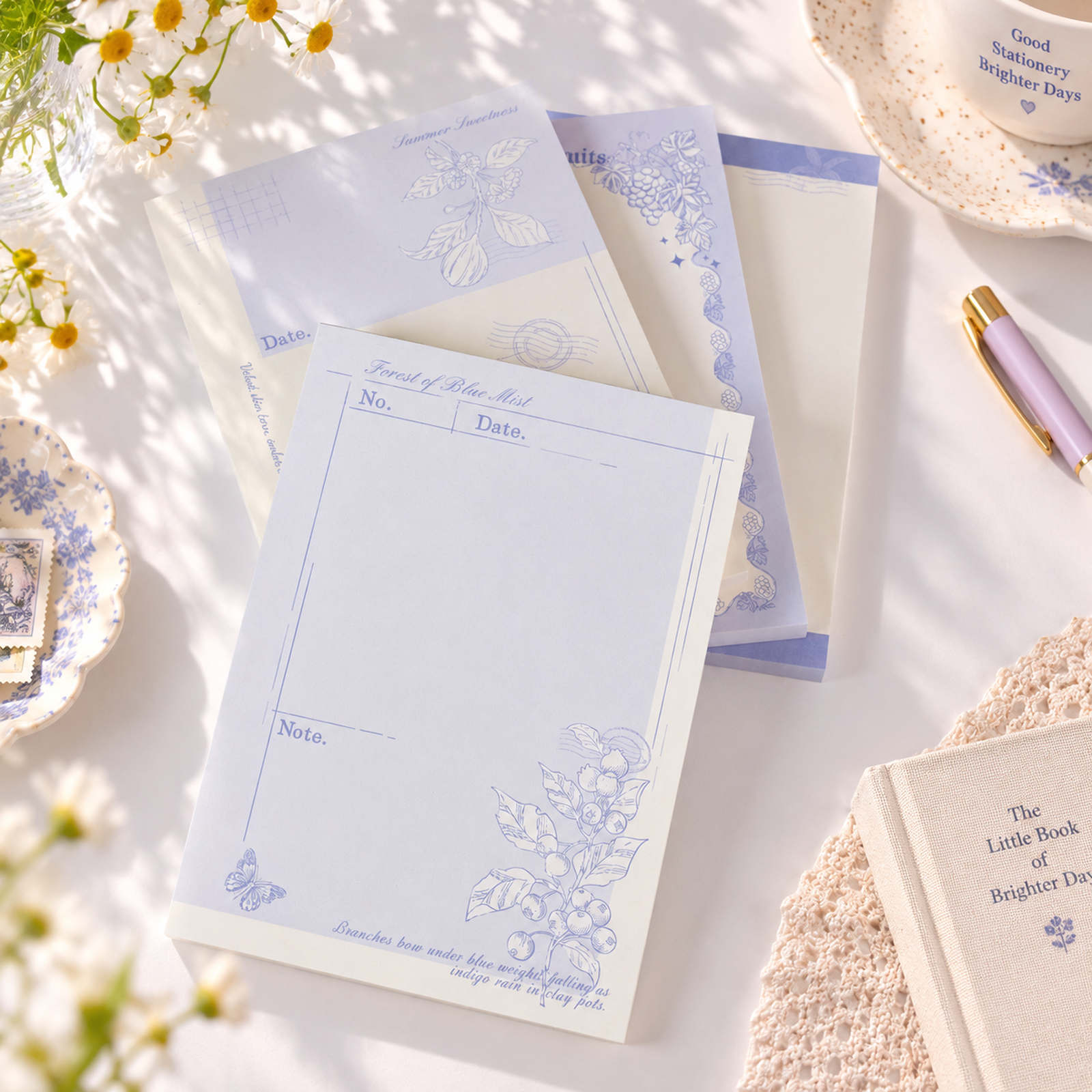 Floral Fruits A6 notepad with delicate purple botanical border and lined pages