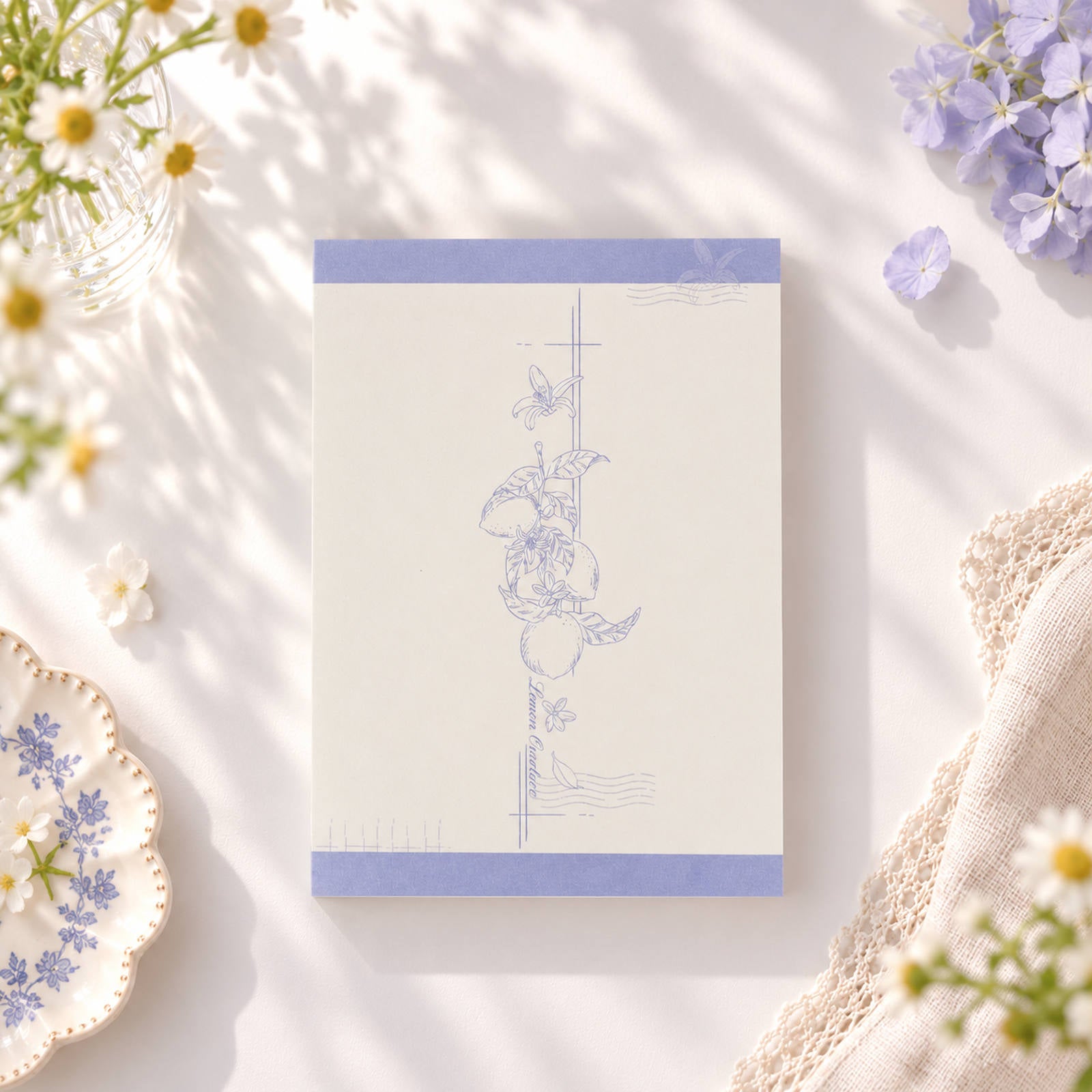 Lemon Garden A6 notepad with lavender botanical illustration and writing layout