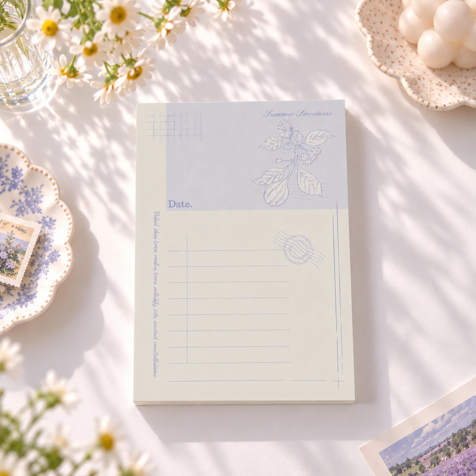Summer Sweetness A6 notepad with soft purple fruit and floral design