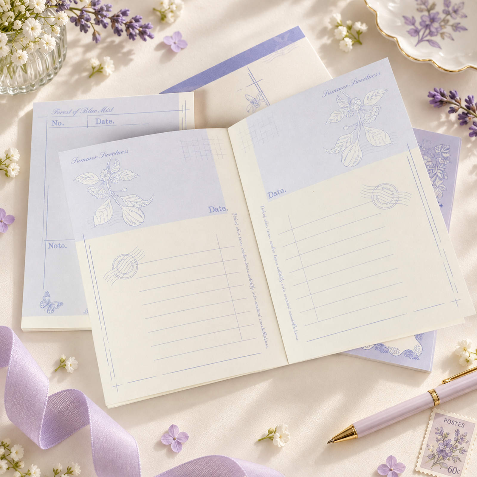 Floral Fruits A6 notepads with soft purple botanical designs