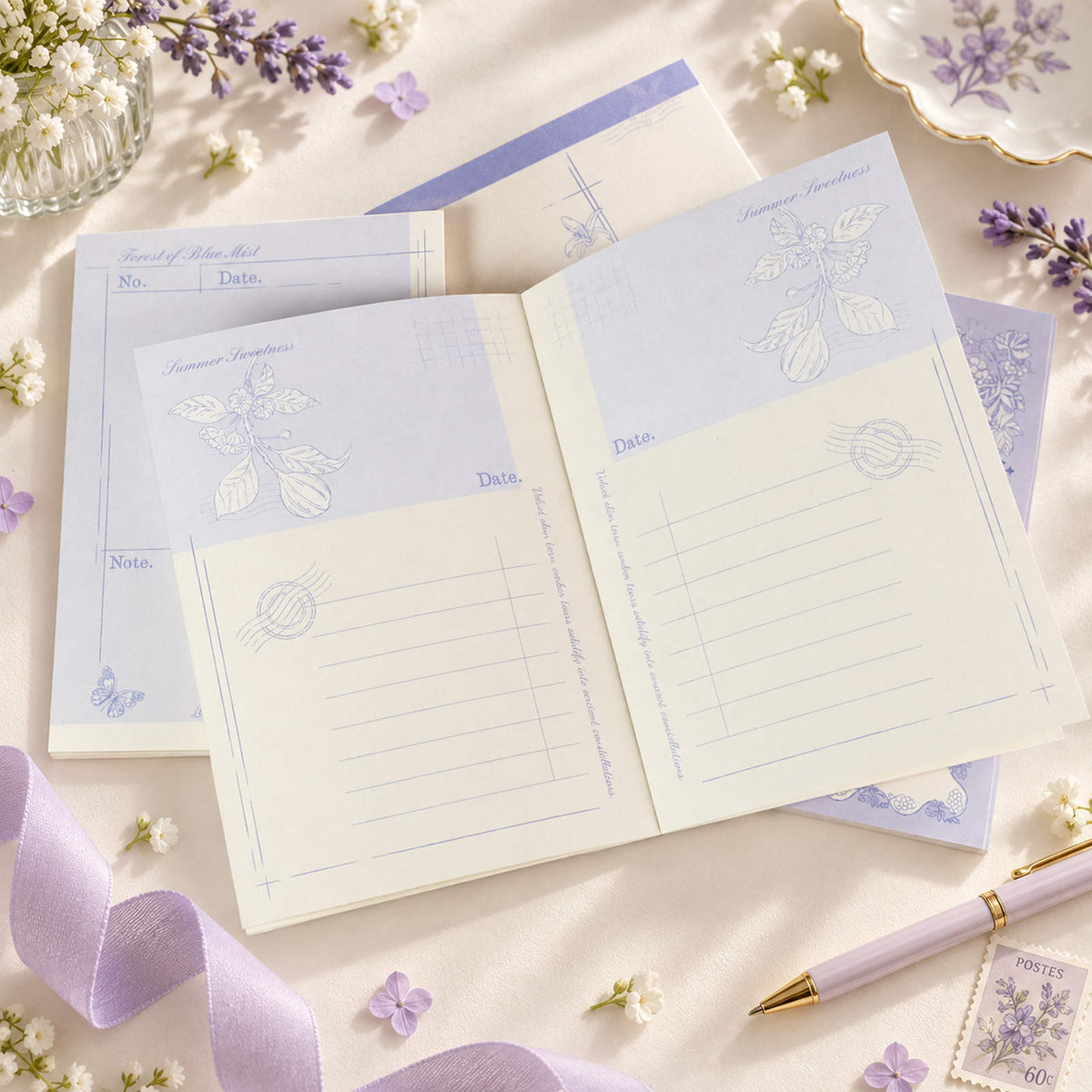 Floral Fruits A6 notepads with soft purple botanical designs