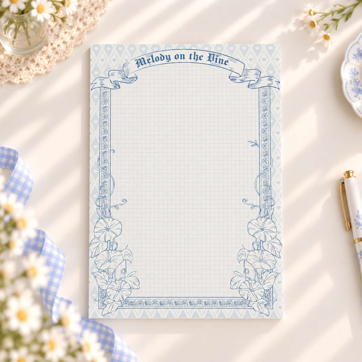 Morning Glory B5 vertical grid notepad with vintage floral border