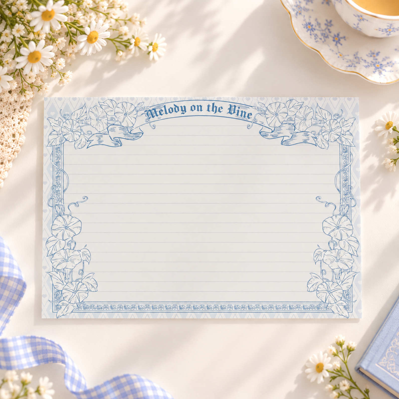 Morning Glory B5 horizontal lined notepad with hand-drawn floral border