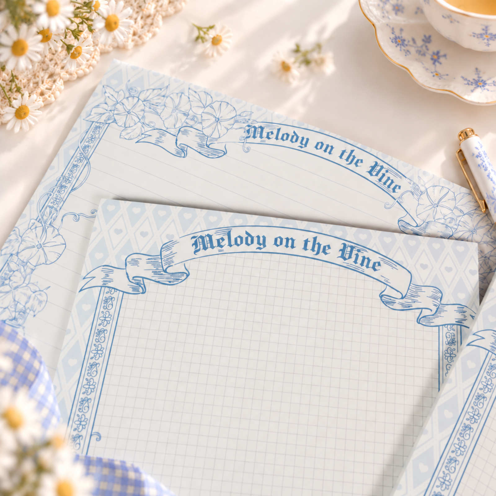 Morning Glory B5 vertical grid notepad with blue floral design