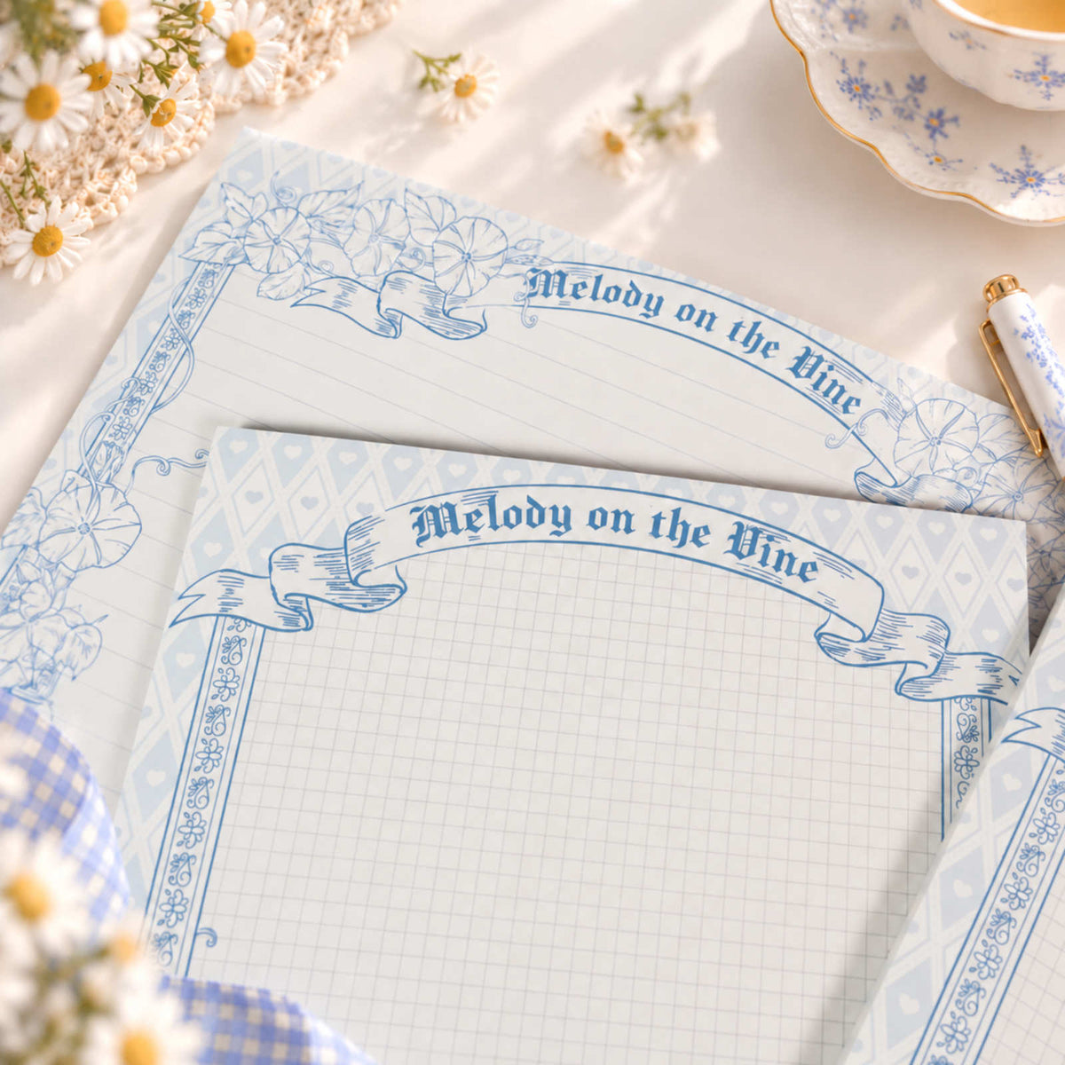 Morning Glory B5 vertical grid notepad with blue floral design