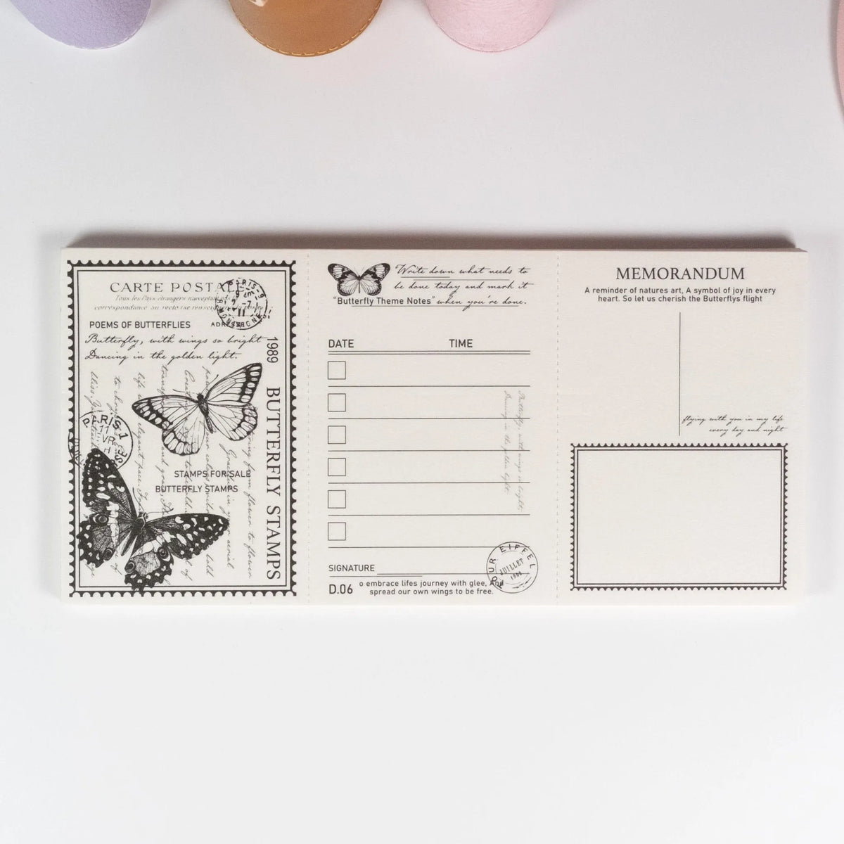 Lilith’s Stamp Memo Pad variant with butterfly motif and elegant linework on cream paper - Miouva