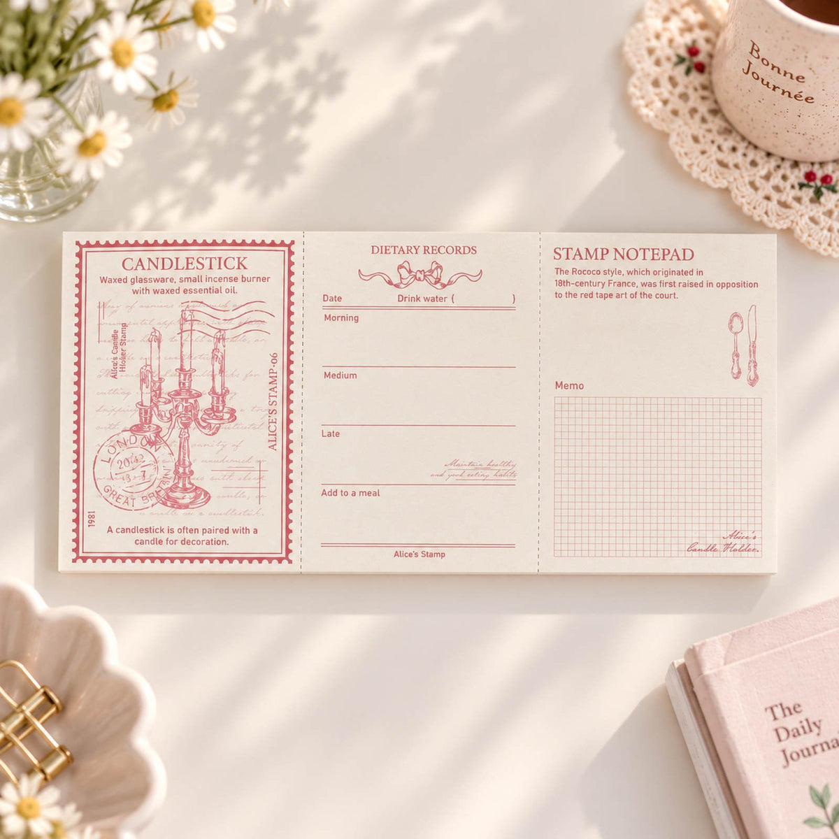 Bloc mémo Lilith’s Stamp à la bougie rose, avec trois sections détachables