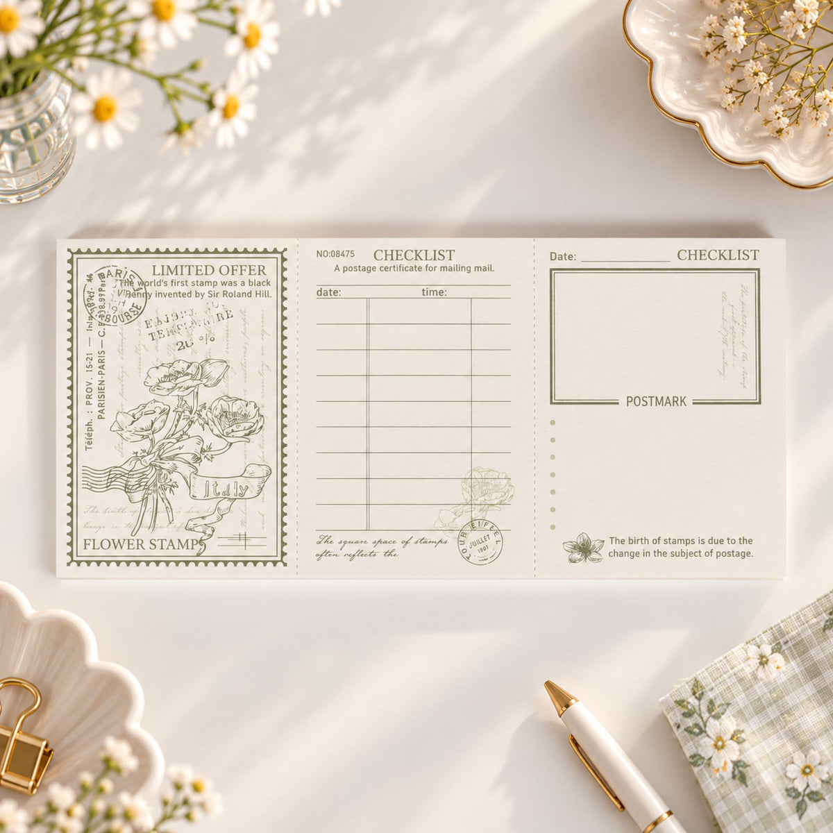 Bloc mémo floral vert Lilith’s Stamp avec mise en page vintage en trois sections