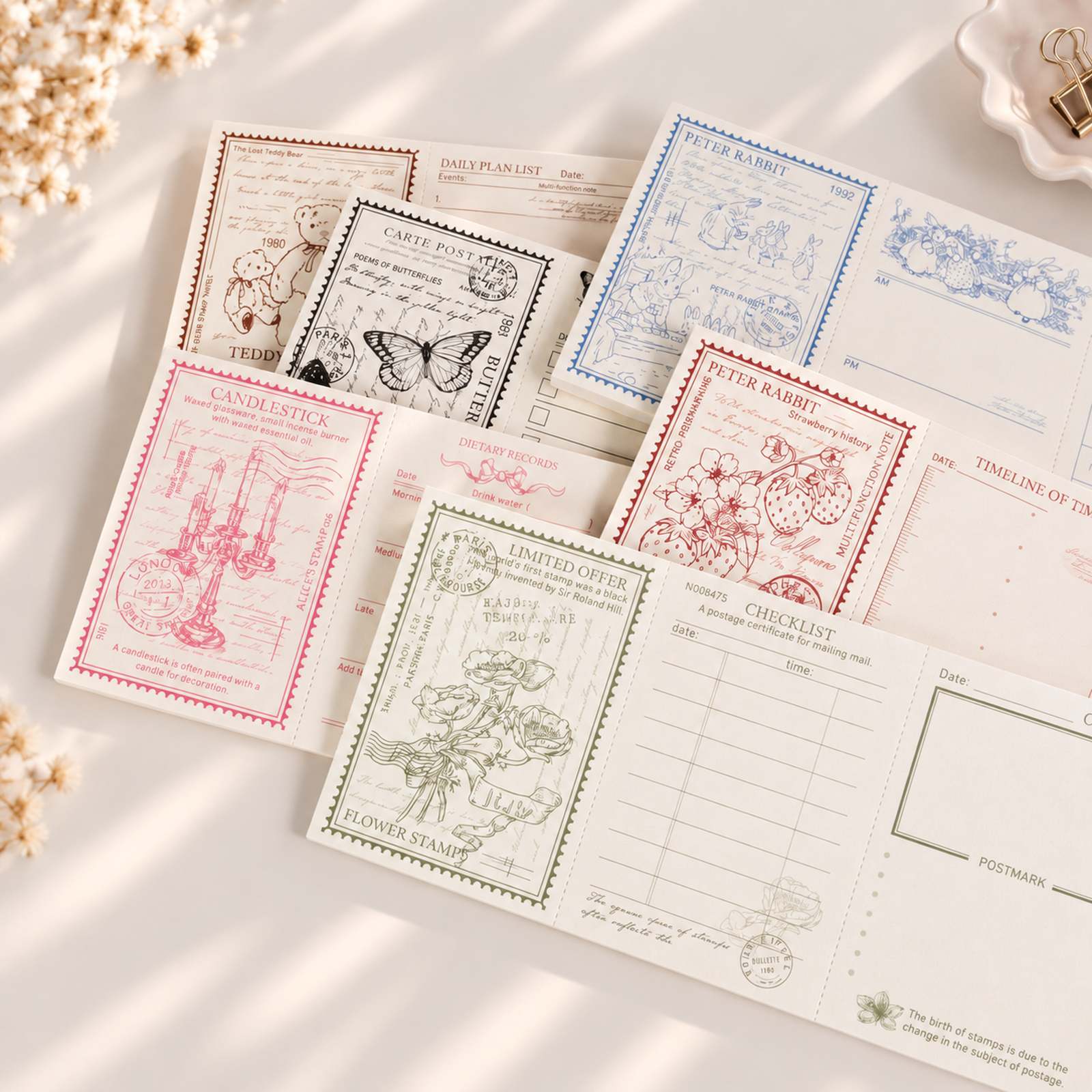 Lilith’s Stamp vintage memo pad designs in assorted colours