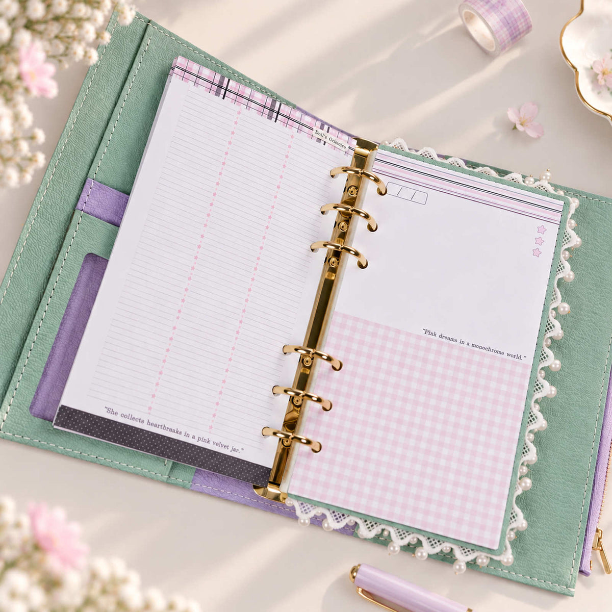 Pink & Ink Personal planner refills shown in a ring planner