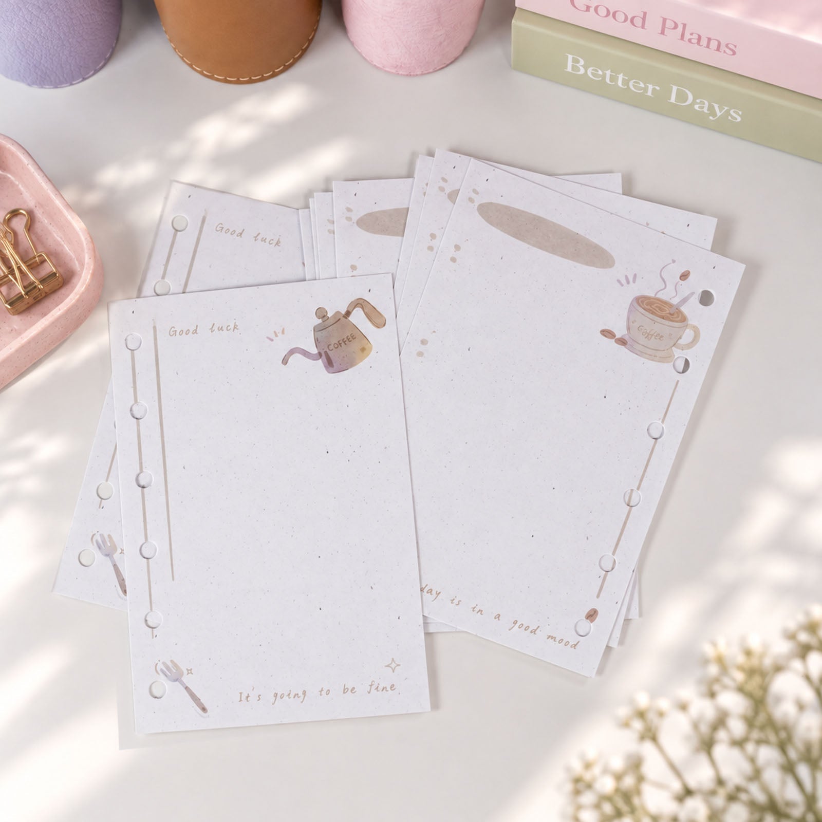Coffee-themed planner refill pages with hand-drawn illustrations