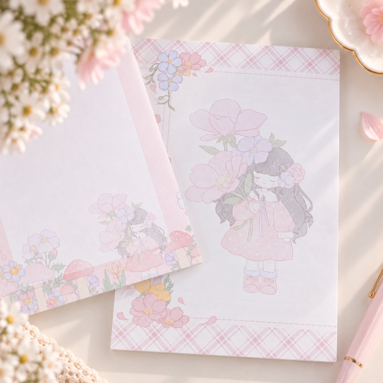 Bouquet Girl Pink Primrose Pocket memo pad with hand-drawn floral design