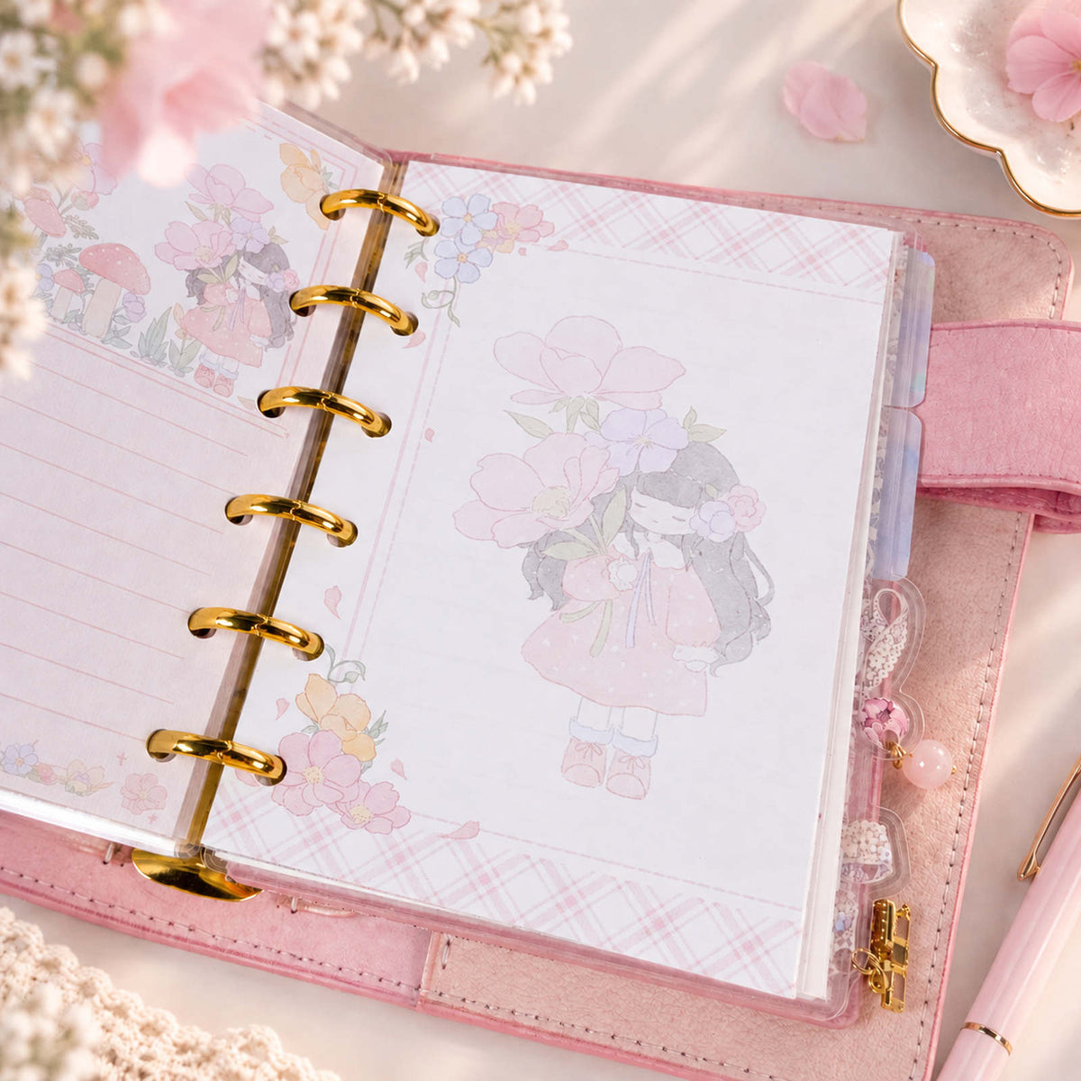 Bouquet Girl Pink Primrose Pocket planner refills in ring binder