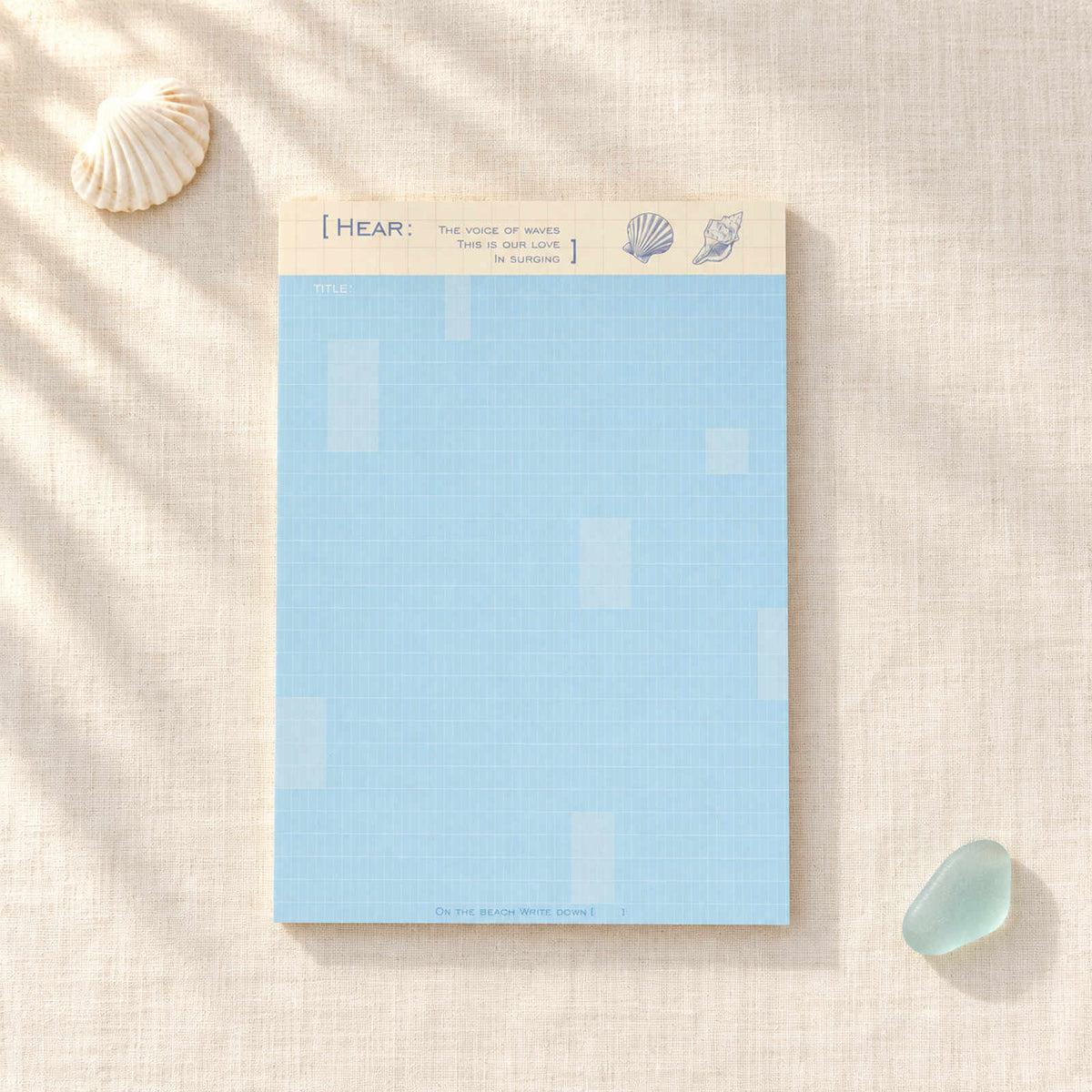 Bloc-notes B5 Summer Beach Blue Horizon avec pages bleues quadrillées et en-tête crème à coquillages
