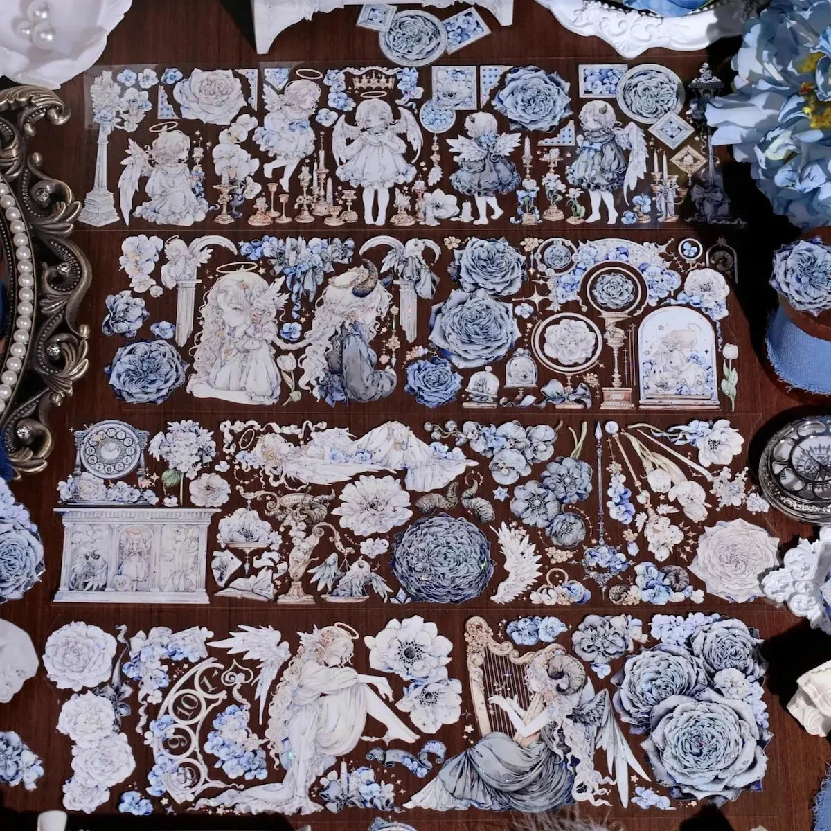 Bandes de ruban PET Celestial Angel and Feather avec personnages ailés, fleurs bleues et ornements