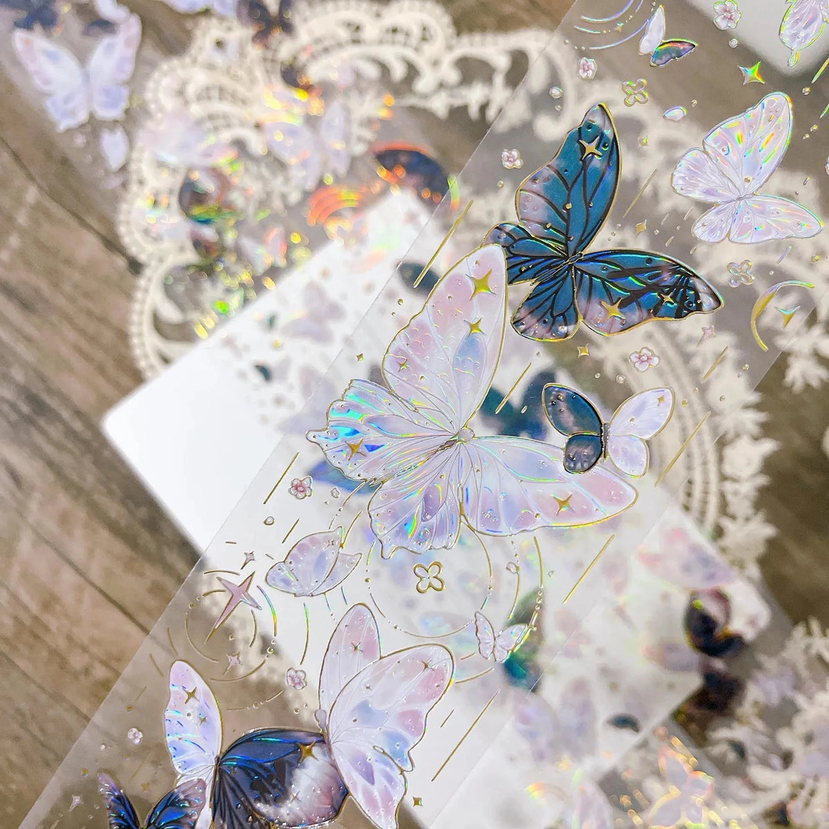 Bande de ruban PET transparent Purple Butterfly Bloom avec papillons bleu et lavande pâle