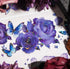 Gros plan du ruban PET Purple Stardance avec roses violet foncé, papillons bleus et contours irisés