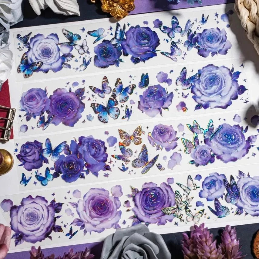 Bandes de ruban PET floral Purple Stardance avec roses violettes, papillons bleus et pétales