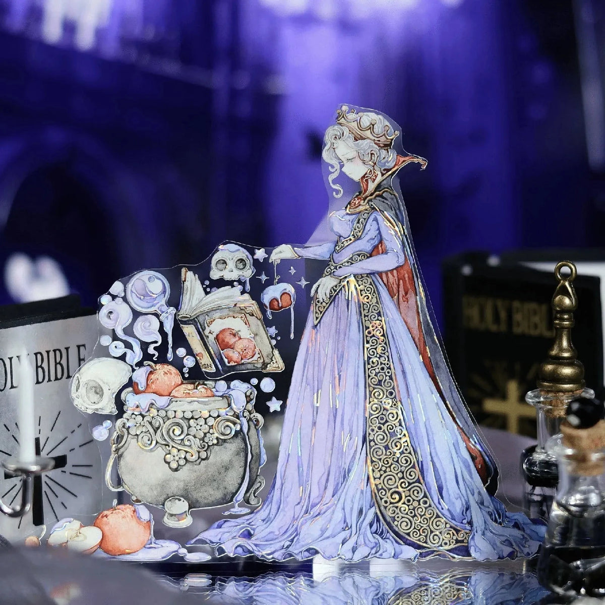 Snow White PET tape detail showing the Evil Queen, a cauldron and an open spellbook