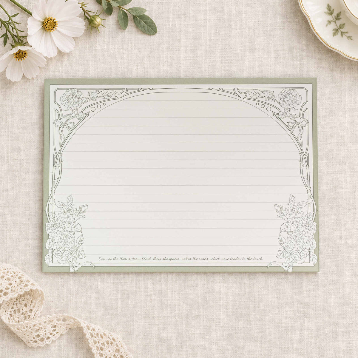Bloc-notes B5 ligné en paysage Thorn Rose avec cadre floral vert vintage