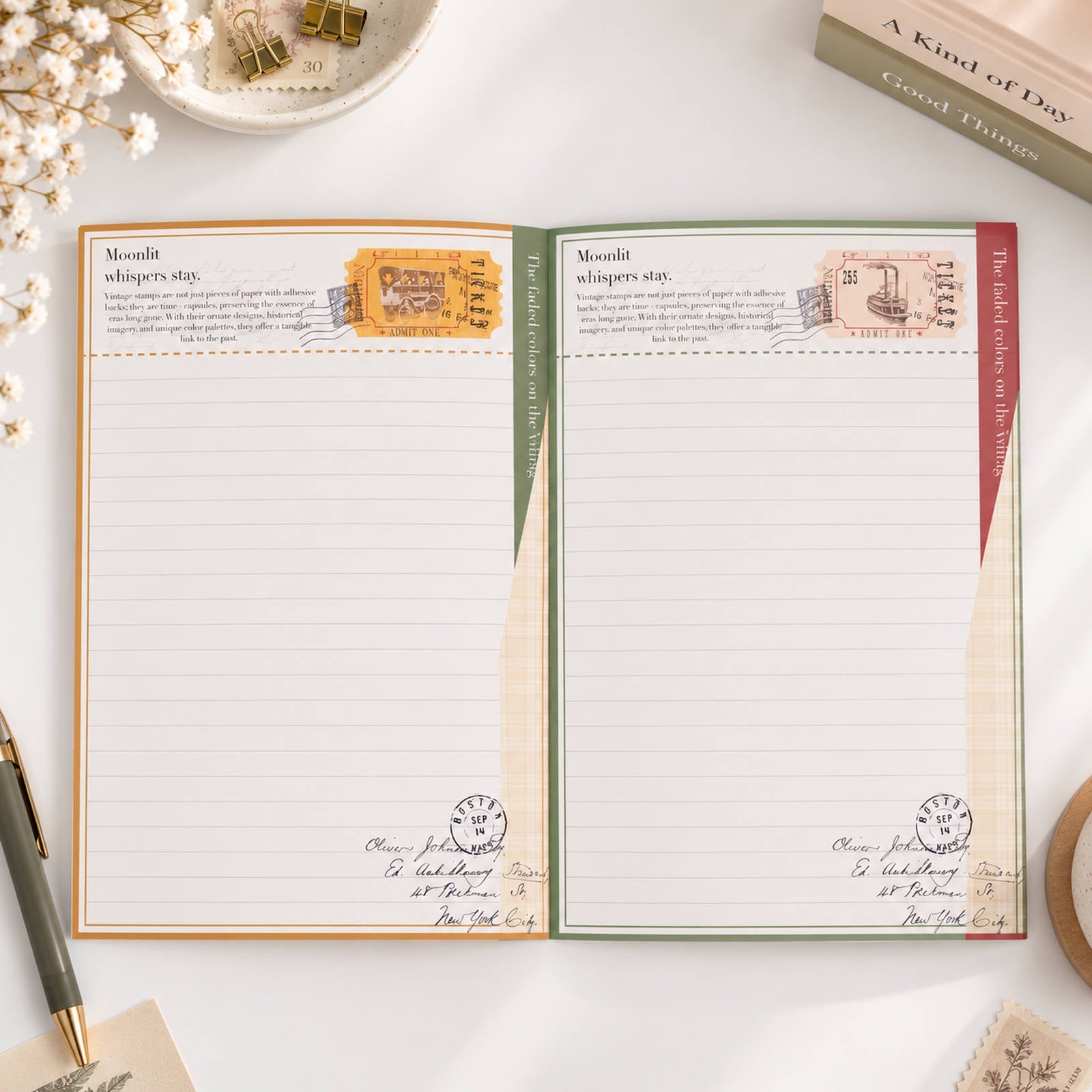 Yellow and green Vintage Train Postage A5 lined notepad pages