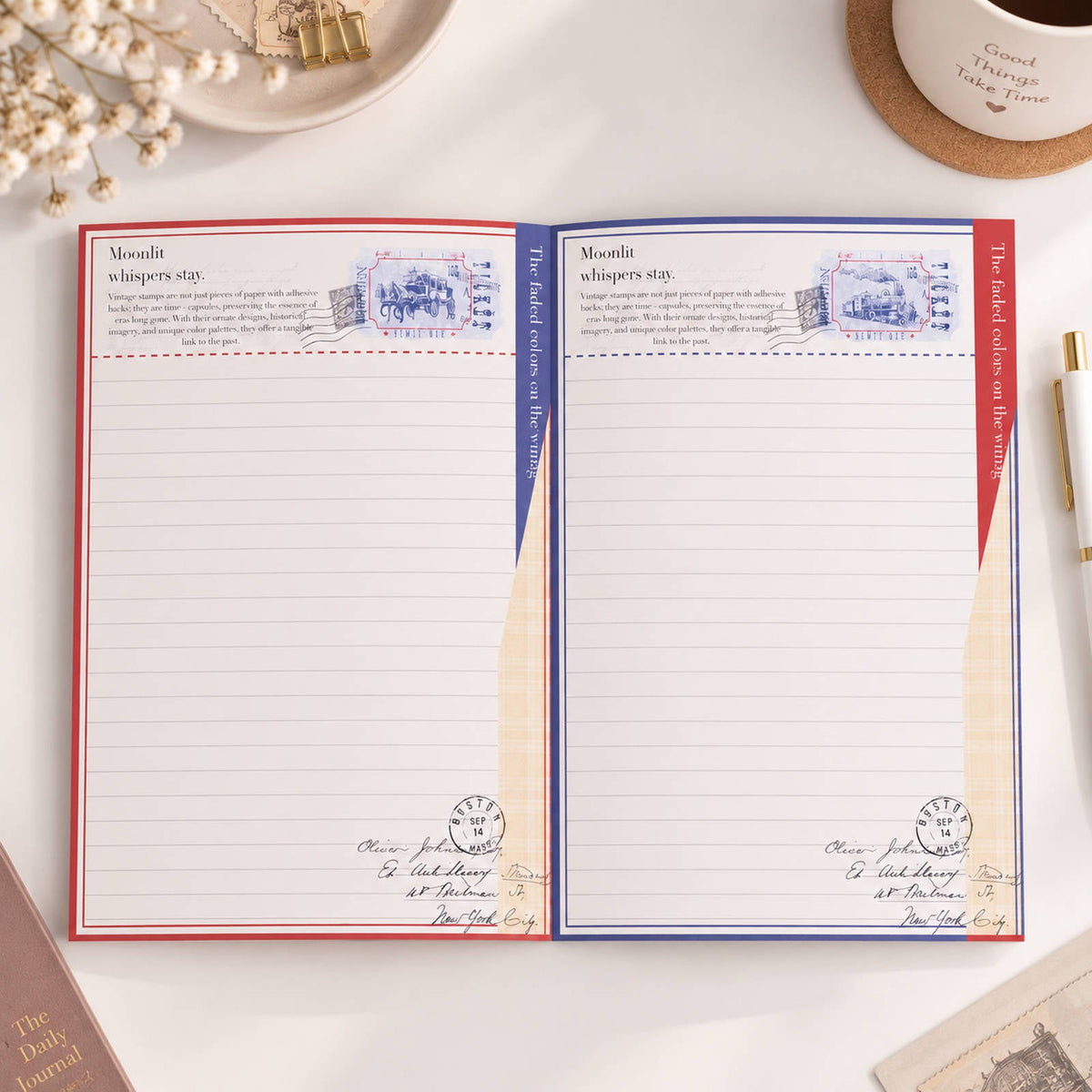 Red and blue Vintage Train Postage A5 lined notepad pages