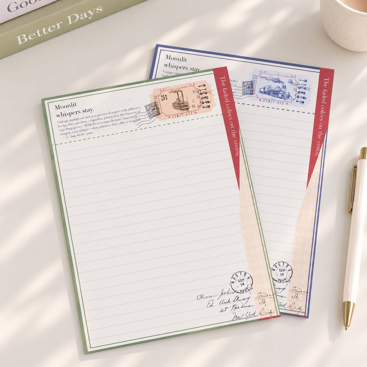 Vintage Train Postage A5 notepads in yellow green and red blue designs