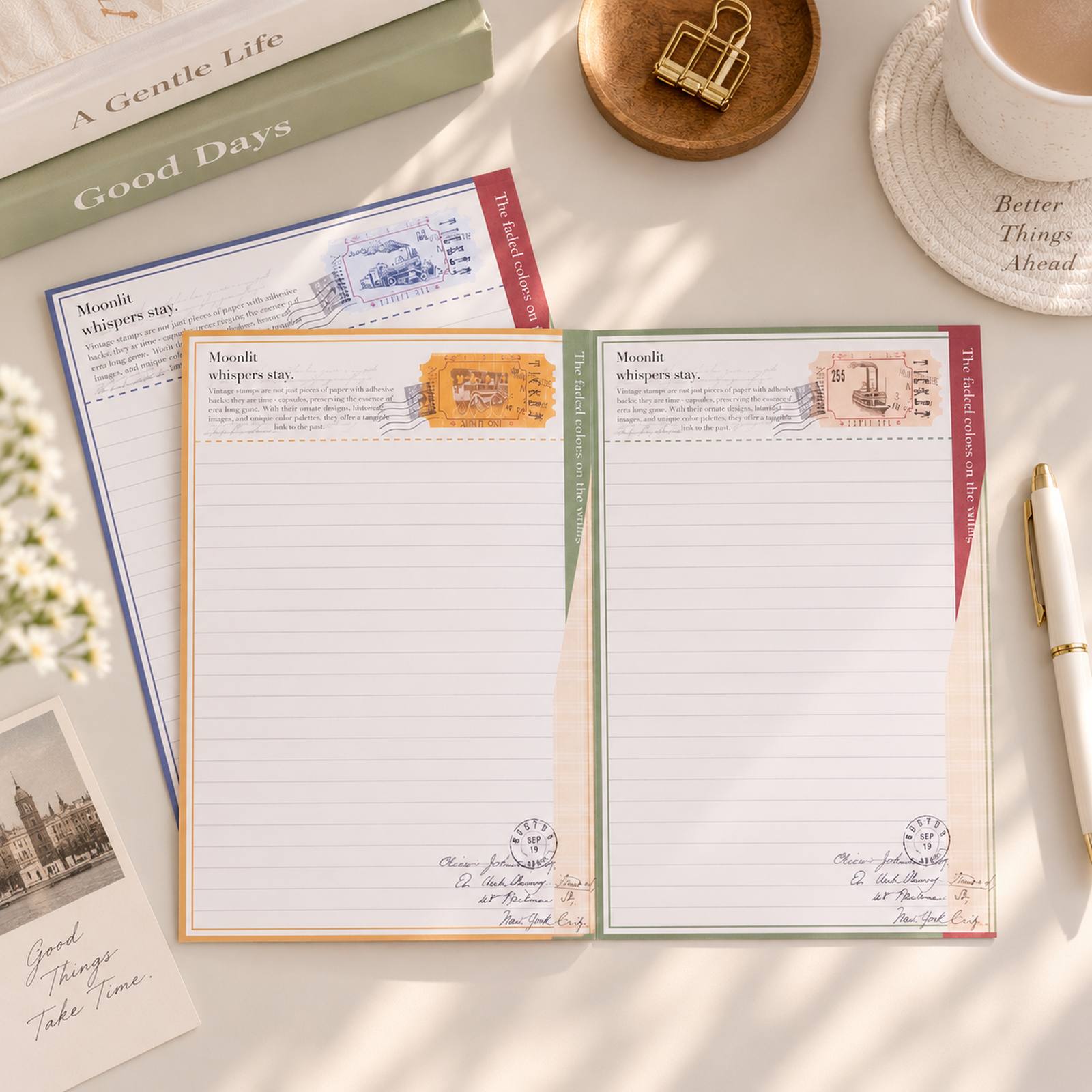 Vintage Train Postage A5 lined notepads in both colour designs